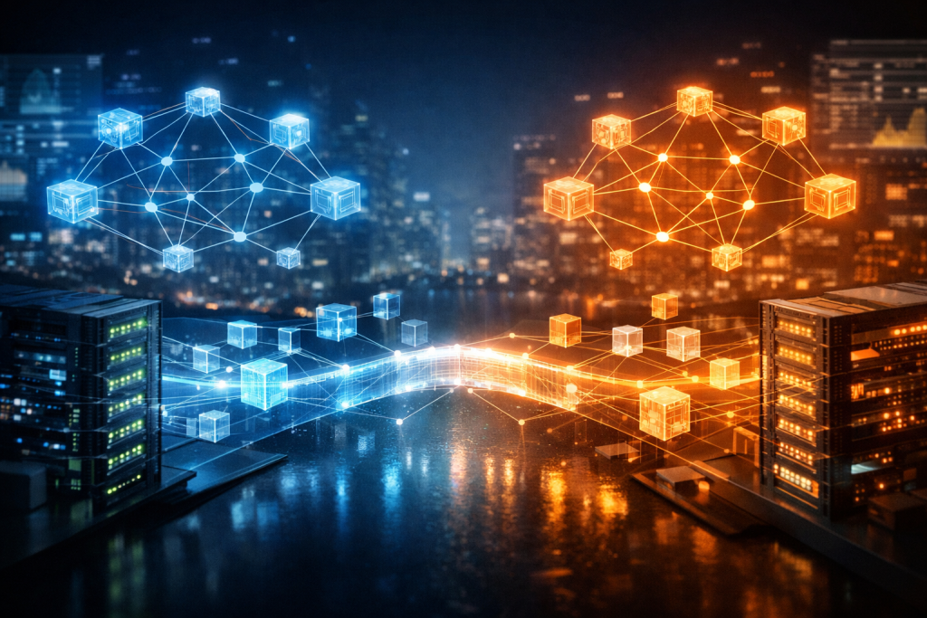 Photorealistic depiction of separate digital ledger networks linked by secure data connections, illustrating blockchain interoperability as financial infrastructure.