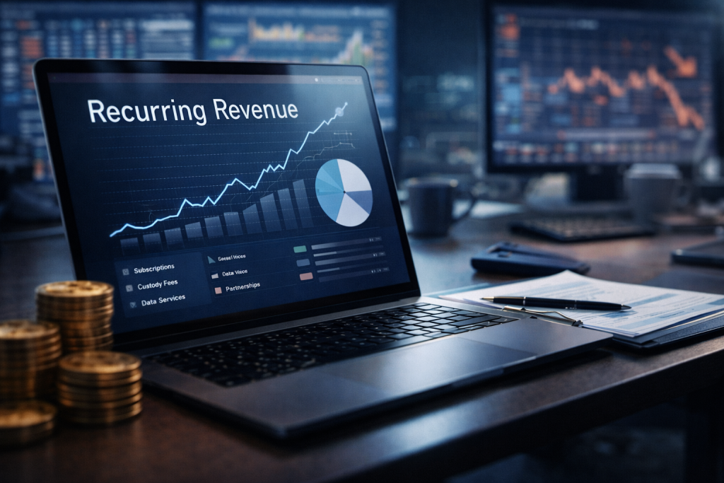 Professional office setting showing financial charts and analytics on multiple screens, representing crypto firms shifting toward stable, recurring revenue models.