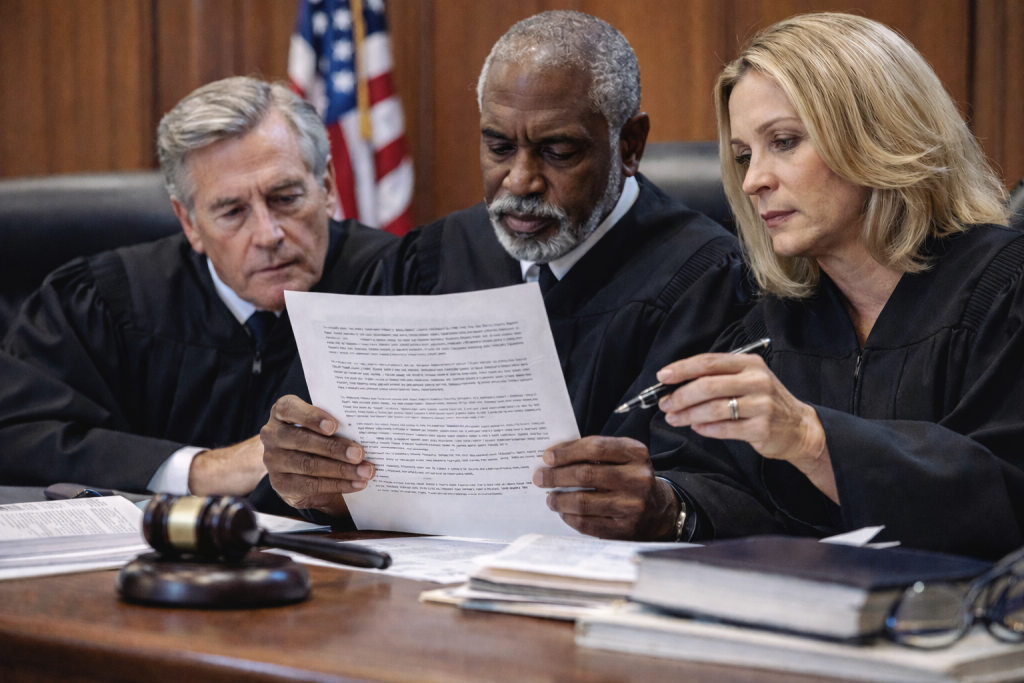 Judges in a courtroom reviewing legal documents, reflecting judicial scrutiny of financial and payment-system rules.