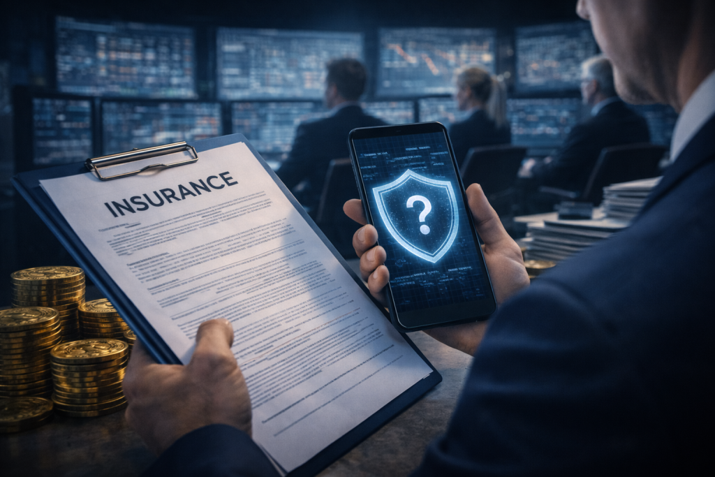 Institutional risk managers reviewing operational constraints in digital asset markets, highlighting insurance and risk-transfer limitations affecting crypto adoption.