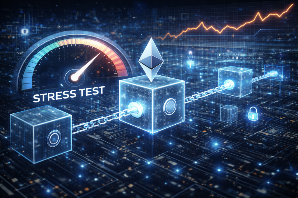 Digital visualization of interconnected blockchain networks under increased load, illustrating how institutional on-chain activity is testing network capacity and resilience.