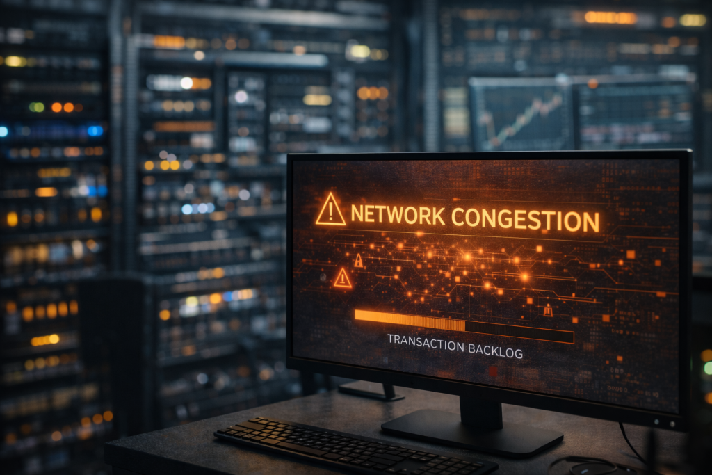 A realistic view of a computer workstation in a data-center environment during heavy network usage, illustrating blockchain congestion during periods of market volatility.