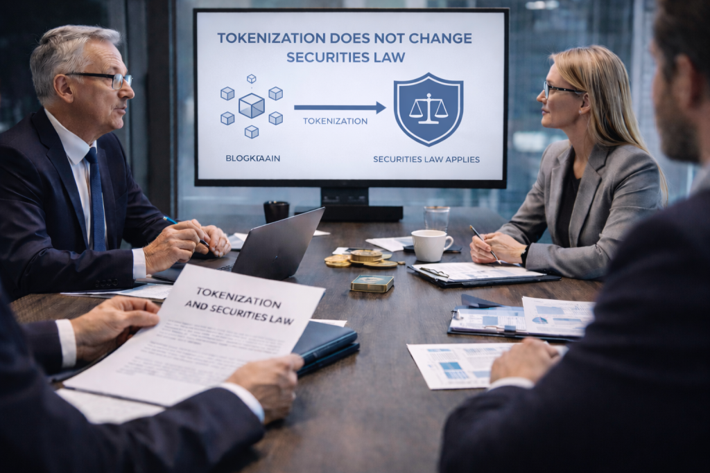 Regulators and financial professionals reviewing tokenized asset structures during a compliance-focused meeting