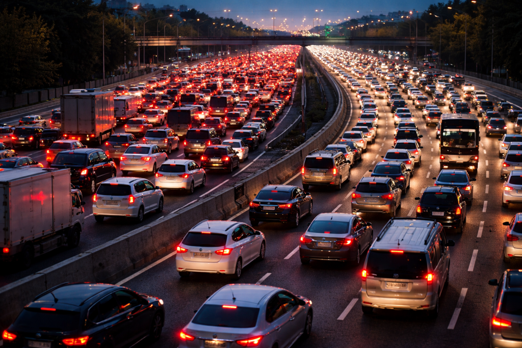Aerial view of heavy traffic congestion forming at a highway bottleneck, illustrating how limited infrastructure struggles under high demand.