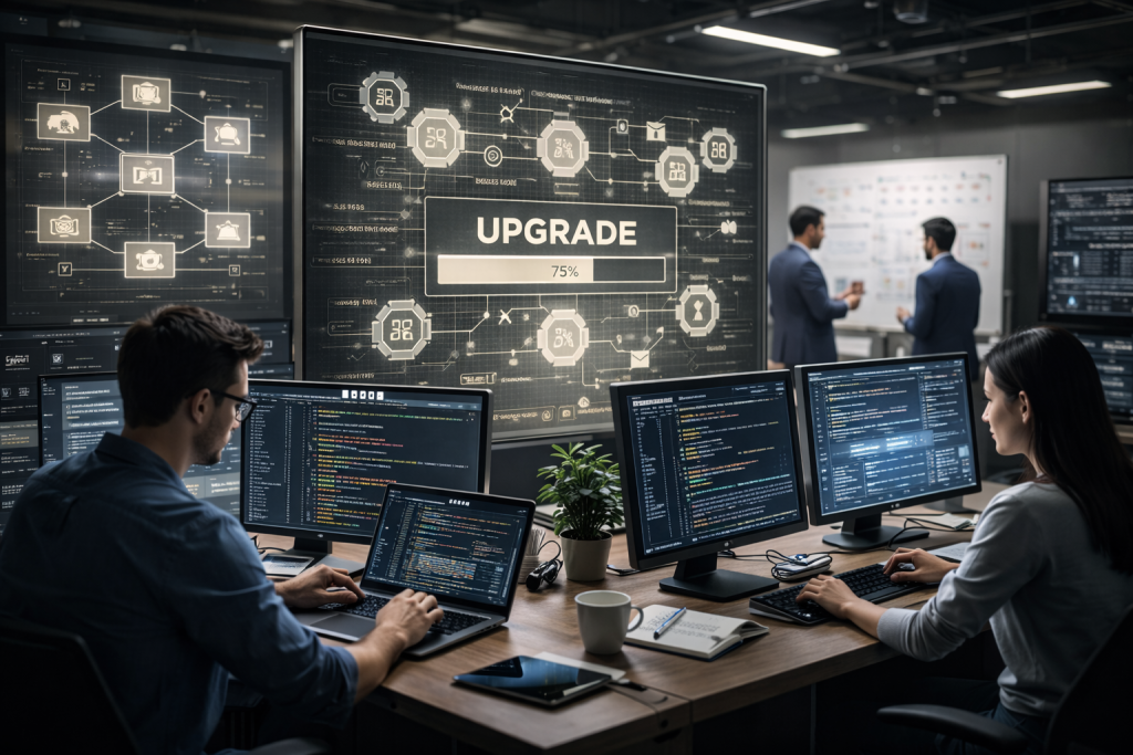 Software developers working on a blockchain network upgrade in a modern office environment with code displayed on multiple monitors