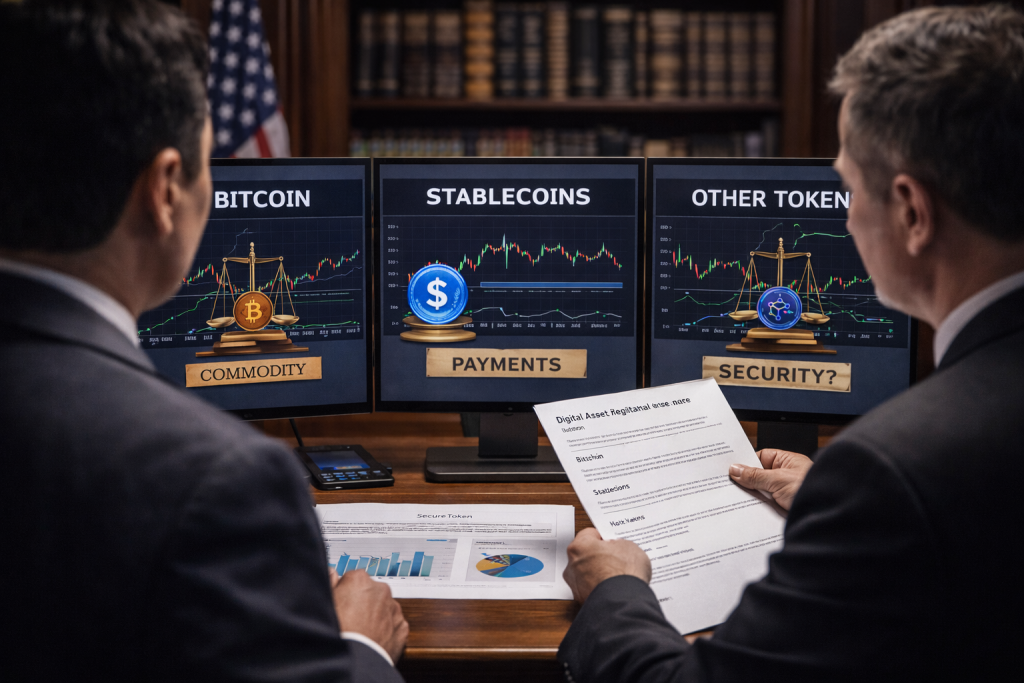 Regulatory officials reviewing financial data as digital assets face different legal classifications