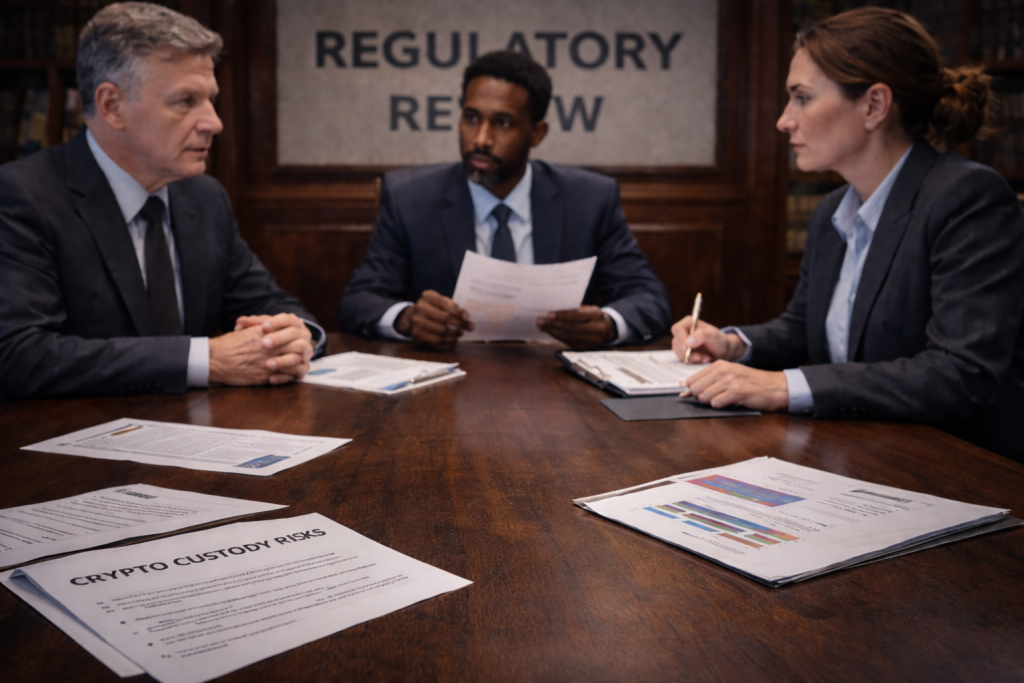 Financial regulators reviewing custody and consumer protection standards in a formal oversight setting