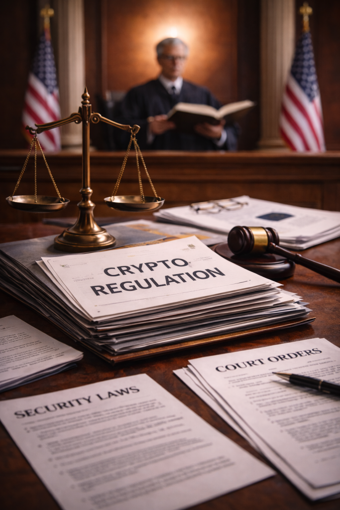 U.S. federal judge reviewing legal documents in a courtroom as courts shape cryptocurrency regulation