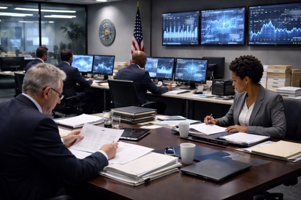U.S. financial regulators monitoring market data and reviewing documents during an enforcement oversight session
