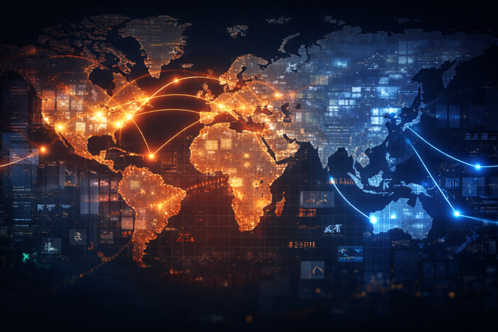 Global financial maps illustrating international capital flows and currency-driven market movements